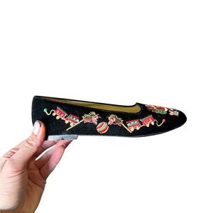 Vintage PRITZI Kids Santa Embroidered Velvet Flats Size 2M Black Holiday